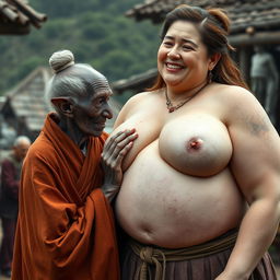In a medieval village, an elderly black woman, very short and emaciated with rotten teeth and elf-like ears, is dressed in a long, fully closed Buddhist robe