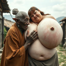 In a medieval village, an elderly black woman, very short and emaciated with rotten teeth and elf-like ears, is dressed in a long, fully closed Buddhist robe