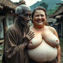 In a medieval village, an elderly black woman, very short and emaciated with rotten teeth and elf-like ears, is dressed in a long, fully closed Buddhist robe