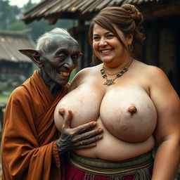 In a medieval village, an elderly black woman, very short and emaciated with rotten teeth and elf-like ears, is dressed in a long, fully closed Buddhist robe