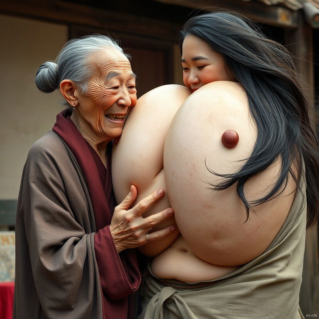 In a medieval Chinese village, an elderly Chinese woman, very short and emaciated with rotten teeth, wears a long, fully closed Buddhist cloak