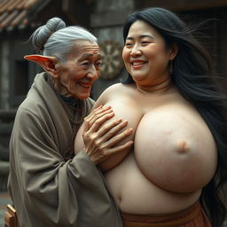 In a medieval Chinese village, an elderly Chinese woman, very short and emaciated with rotten teeth, features elf-like ears and wears a long, fully closed Buddhist cloak