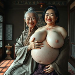 In a room from the Ming Dynasty, an elderly, very petite and malnourished Chinese woman with decayed teeth is dressed in a long, fully-closed Buddhist robe