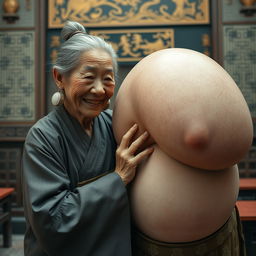 In a room from the Ming Dynasty, an elderly, very petite and malnourished Chinese woman with decayed teeth is dressed in a long, fully-closed Buddhist robe