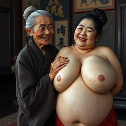 In a room from the Ming Dynasty, an elderly, very petite and malnourished Chinese woman with decayed teeth is dressed in a long, fully-closed Buddhist robe