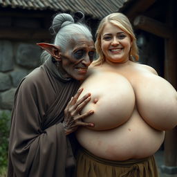 In a medieval village, a short and emaciated elderly Black woman with rotten teeth and elf-like ears is dressed in a long, closed Buddhist robe