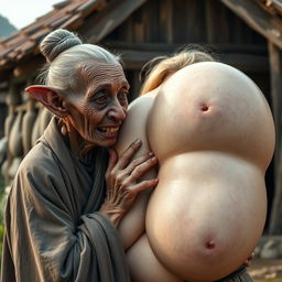 In a medieval village, a short and emaciated elderly Black woman with rotten teeth and elf-like ears is dressed in a long, closed Buddhist robe
