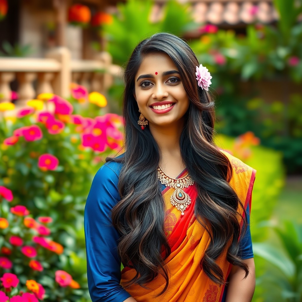 A portrait of a beautiful Indian woman in vibrant traditional attire, standing in a lush green garden