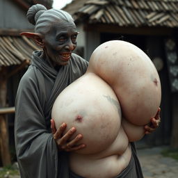 In a medieval village, a short and emaciated elderly Black woman with rotten teeth and elf-like ears is dressed in a long, closed Buddhist robe