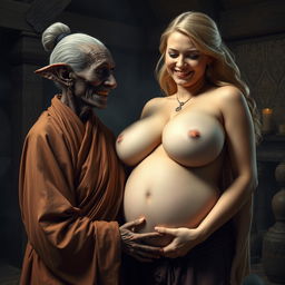 In a medieval chamber during a magic ritual, an elderly Black woman, short and emaciated with rotten teeth and elf-like ears, is dressed in a long, closed Buddhist robe