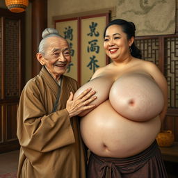 In a room from the Ming dynasty, an elderly Chinese woman, petite and emaciated with decayed teeth, wears a long, fully closed Buddhist robe