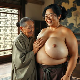 In a room from the Ming dynasty, an elderly Chinese woman, petite and emaciated with decayed teeth, wears a long, fully closed Buddhist robe