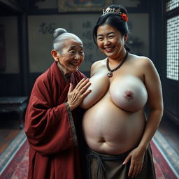 In a room from the Ming dynasty, an elderly Chinese woman, petite and emaciated with decayed teeth, wears a long, fully closed Buddhist robe
