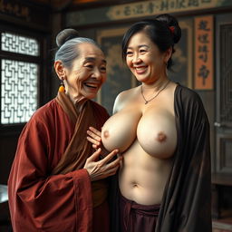 In a room from the Ming dynasty, an elderly Chinese woman who is very short and emaciated with decayed teeth wears a long, fully closed Buddhist robe