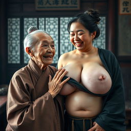 In a room from the Ming dynasty, an elderly Chinese woman who is very short and emaciated with decayed teeth wears a long, fully closed Buddhist robe
