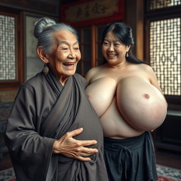 In a room from the Ming Dynasty, an elderly Chinese woman, short and emaciated with rotten teeth, is dressed in a long, fully closed Buddhist robe