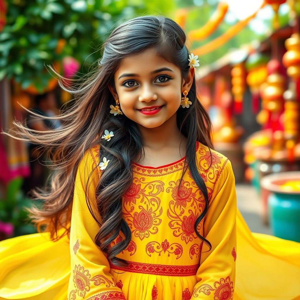 A beautiful and cute 18-year-old Indian girl wearing a stunning traditional yellow dress that flows elegantly around her