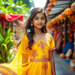 A beautiful and cute 18-year-old Indian girl wearing a stunning traditional yellow dress that flows elegantly around her