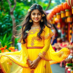 A beautiful and cute 18-year-old Indian girl wearing a stunning traditional yellow dress that flows elegantly around her