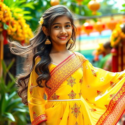 A beautiful and cute 18-year-old Indian girl wearing a stunning traditional yellow dress that flows elegantly around her