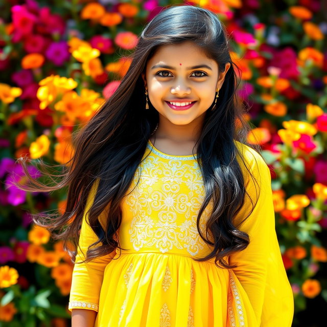 A beautiful young Indian girl, 18 years old, wearing a stunning traditional yellow dress with intricate embroidery
