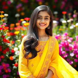 A beautiful young Indian girl, 18 years old, wearing a stunning traditional yellow dress with intricate embroidery