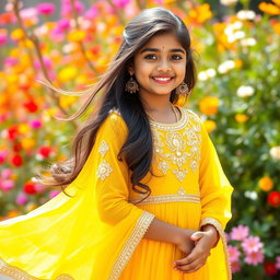 A beautiful young Indian girl, 18 years old, wearing a stunning traditional yellow dress with intricate embroidery