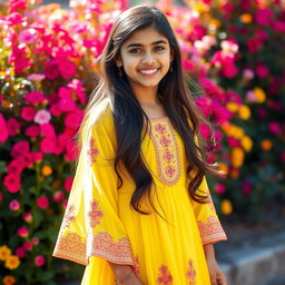 A beautiful young Indian girl, 18 years old, wearing a stunning traditional yellow dress with intricate embroidery