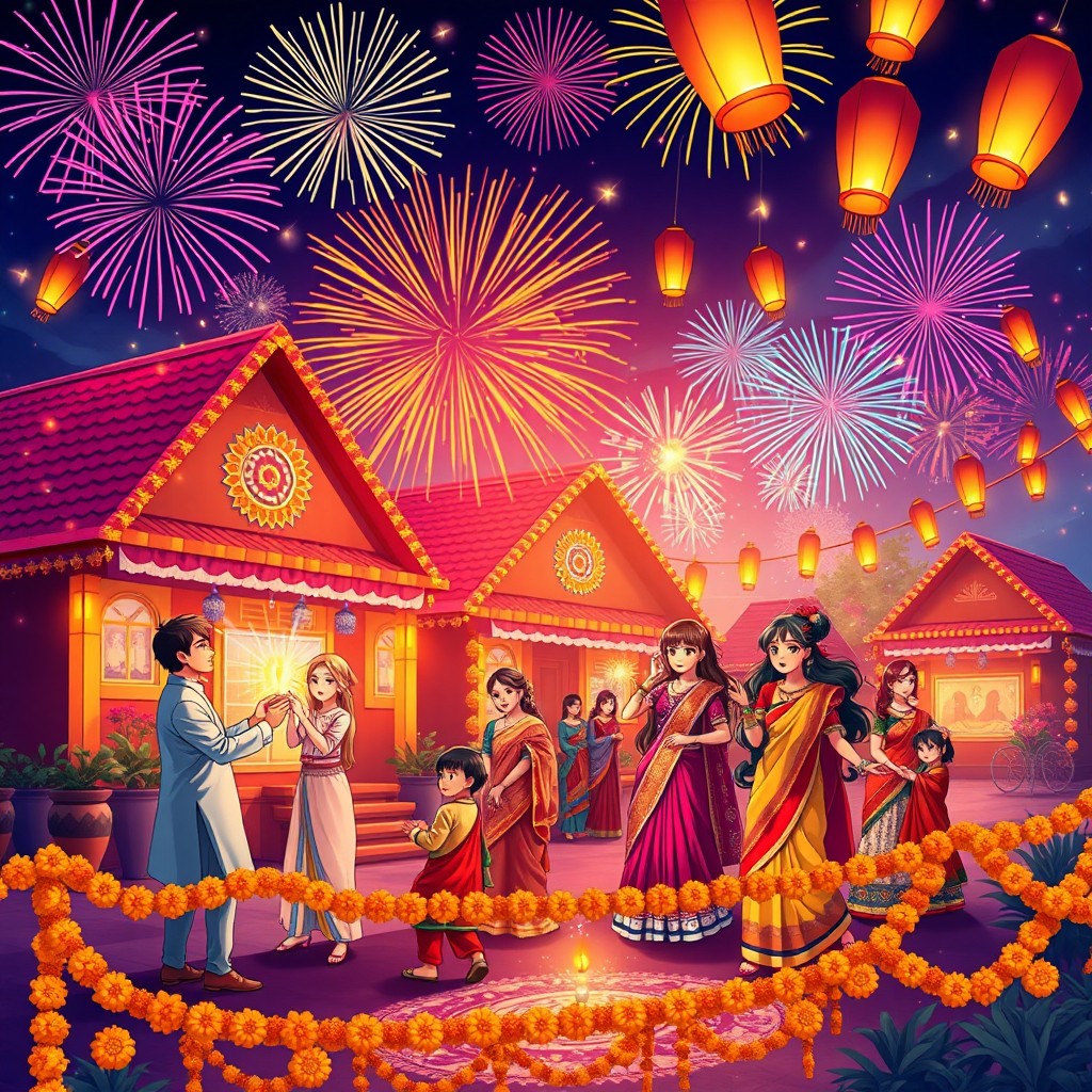 Anime style illustration of a Diwali night festival, featuring vibrant fireworks illuminating the sky in a dazzling display of colors
