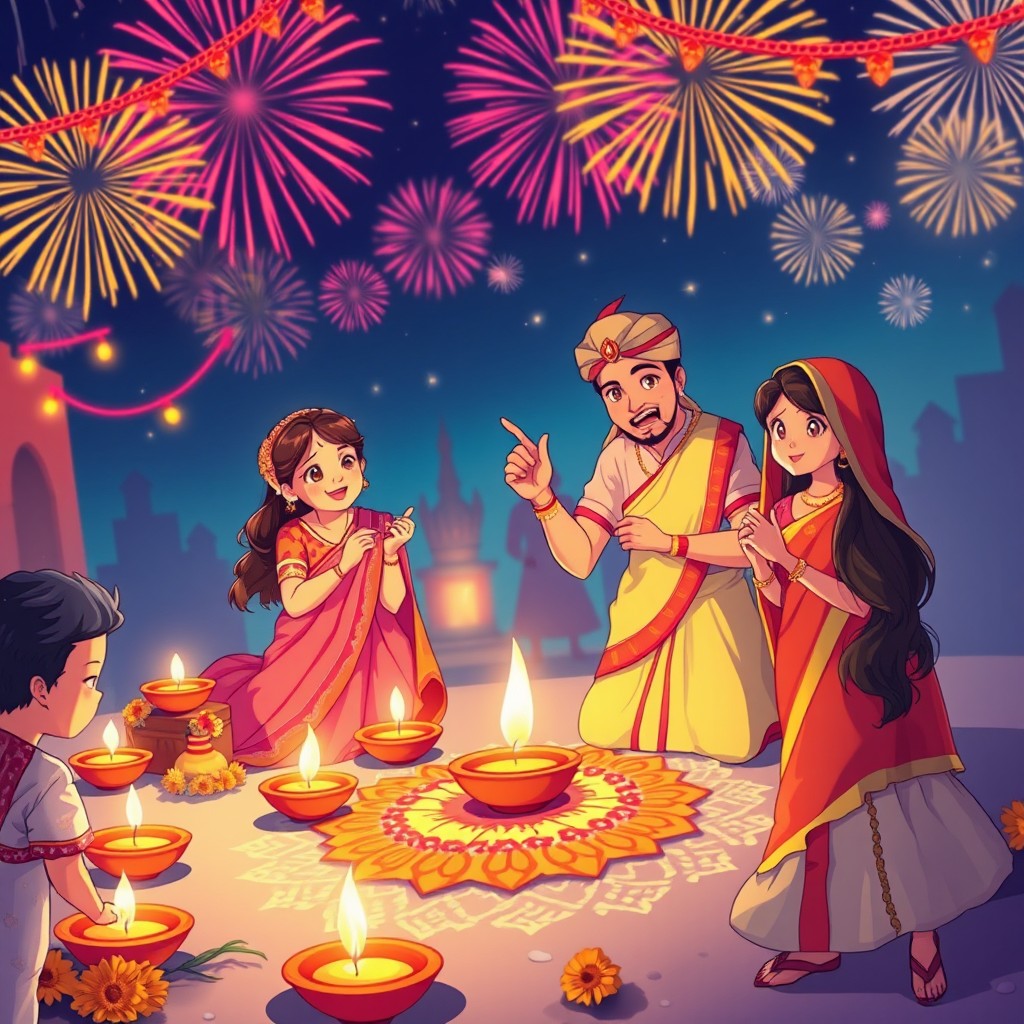 A vibrant anime-style depiction of Diwali, featuring colorful diya lamps, intricate Rangoli designs, and people in traditional Indian attire celebrating joyfully