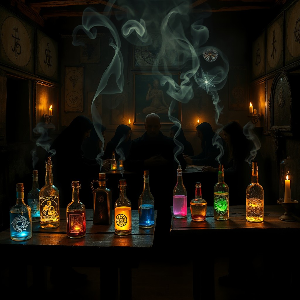 A mysterious and dark-themed scene depicting the connection between alcohol and spirituality