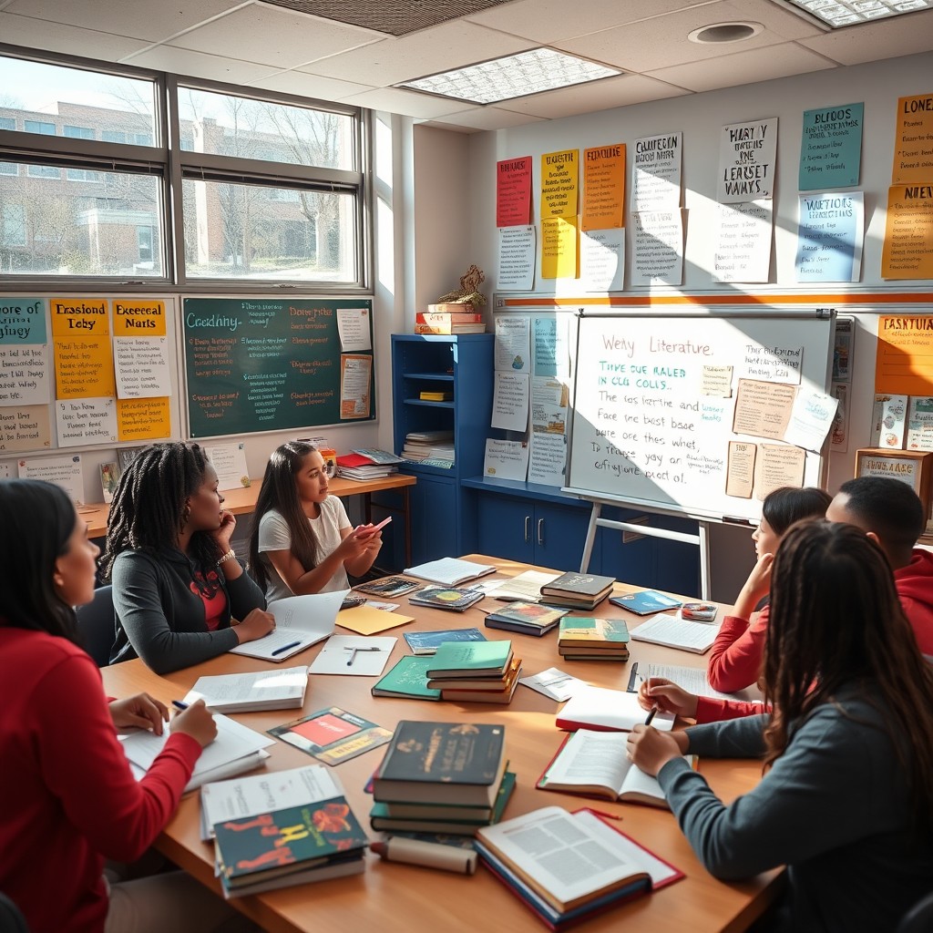 A vibrant classroom setting where a diverse group of high school students is engaged in an interactive English literature project