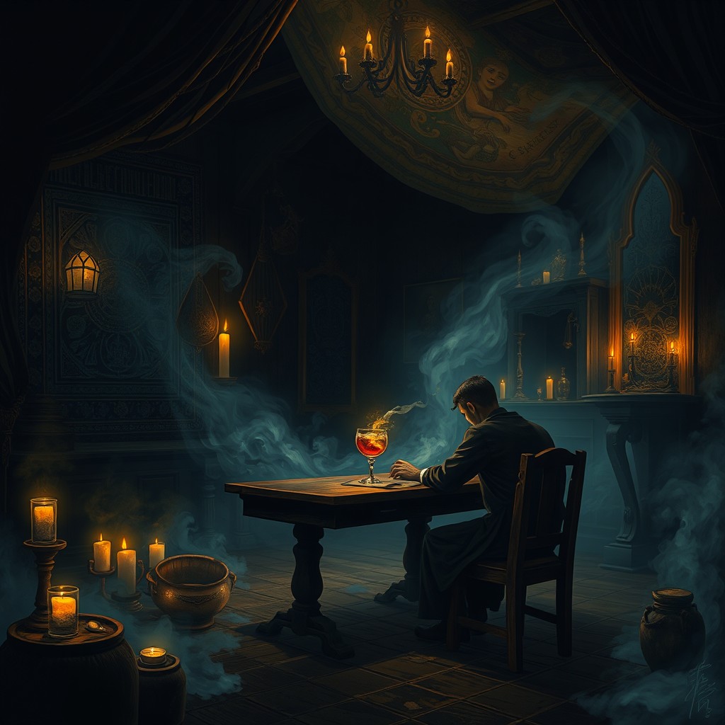 A dark and mysterious illustration exploring the theme of alcohol and spirituality