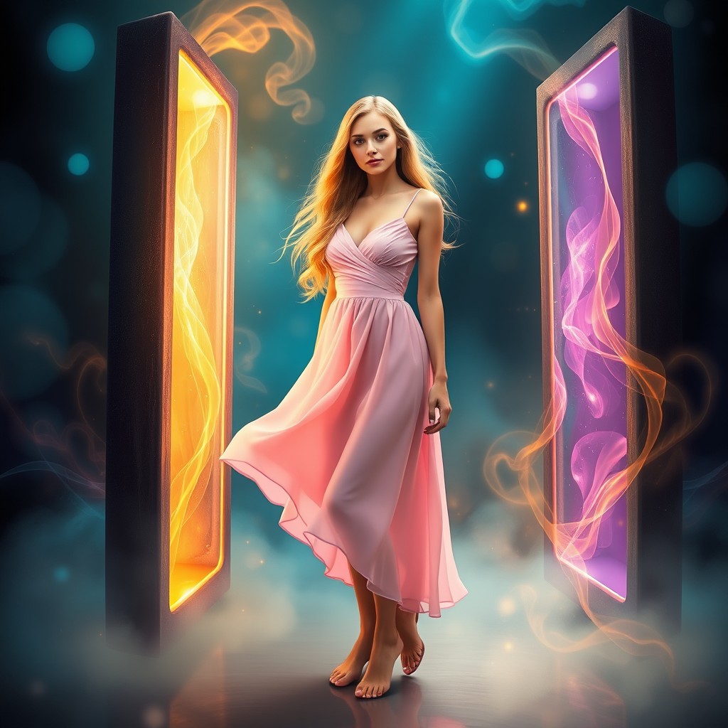 A beautiful young woman with long, golden-yellow hair wearing a pink dress stands elegantly between two dimensional portals