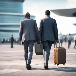 Generate a 3D, 4K, realistic image of two men walking towards an airport with their luggage, exuding an air of sadness.