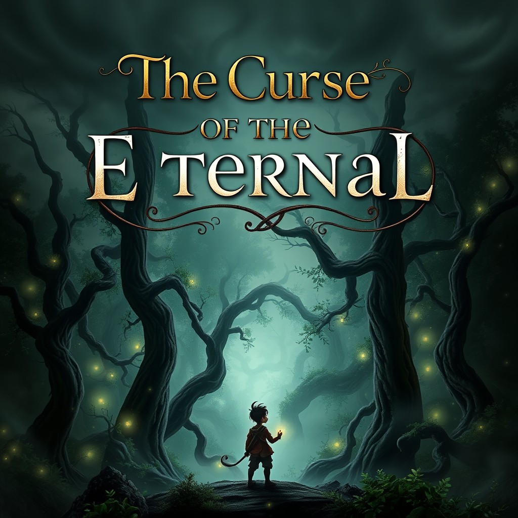 A captivating book cover for a story titled 'The Curse of the Eternal Forest'