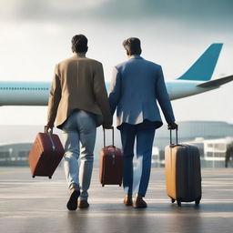 Generate a 3D, 4K, realistic image of two men walking towards an airport with their luggage, exuding an air of sadness.