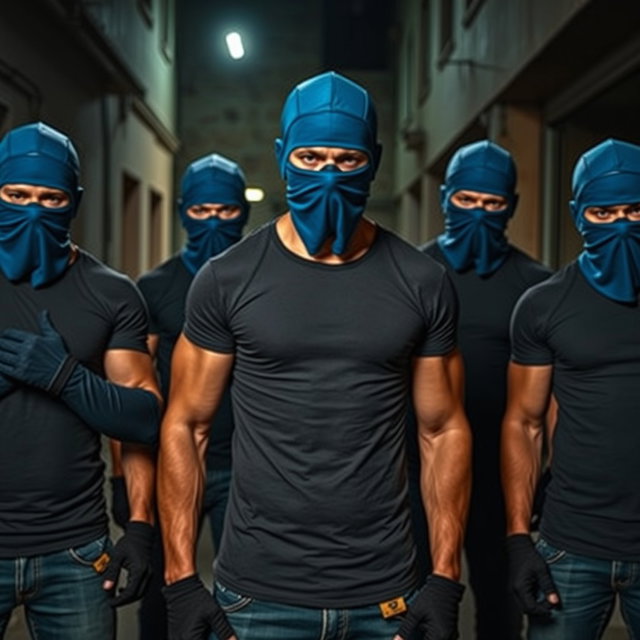 Un grupo de ladrones masculinos, todos vistiendo camisetas ajustadas que destacan sus físicos musculosos