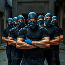Un grupo de ladrones masculinos, todos vistiendo camisetas ajustadas que acentúan sus físicos musculosos