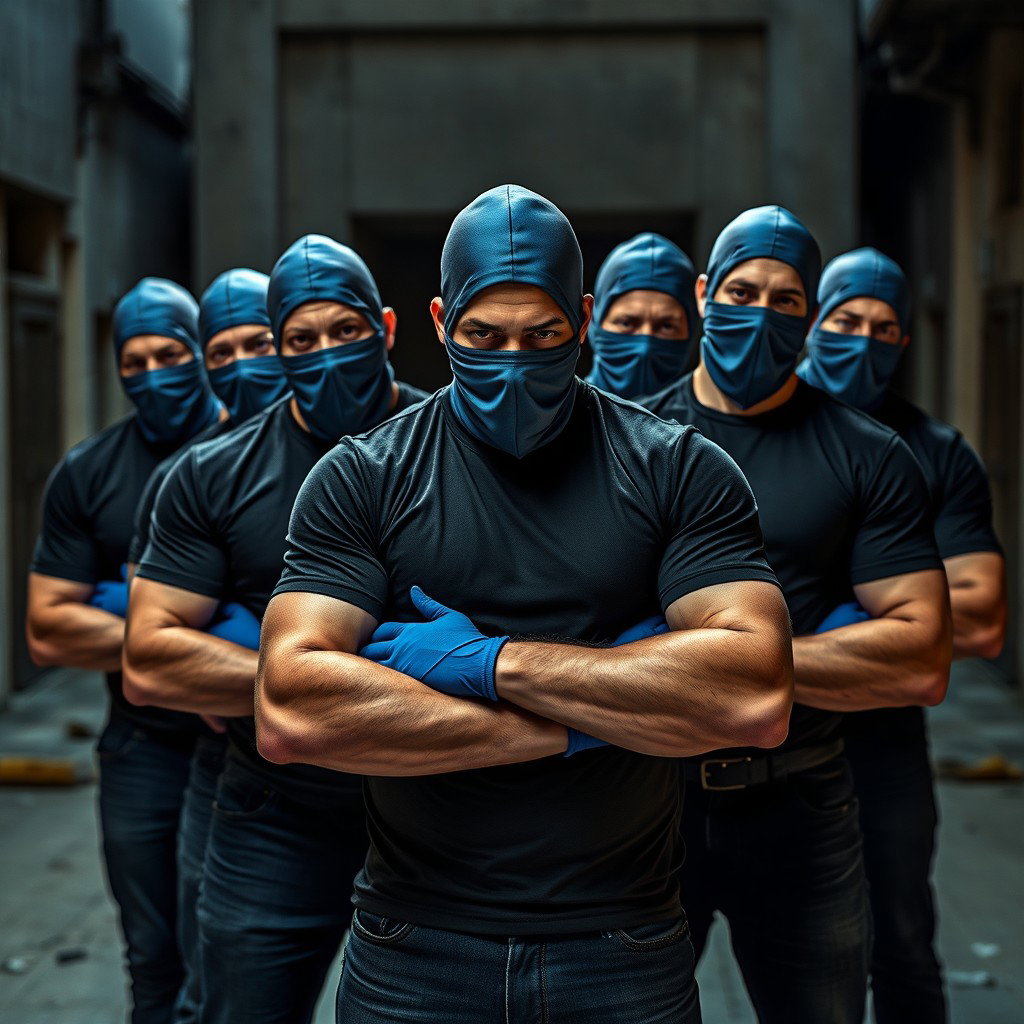 Un grupo de ladrones masculinos, todos vistiendo camisetas ajustadas que acentúan sus físicos musculosos