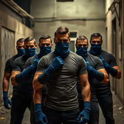 Un grupo de ladrones masculinos, todos vistiendo camisetas ajustadas que acentúan sus físicos musculosos