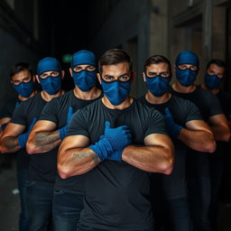 Un grupo de ladrones masculinos, todos vistiendo camisetas ajustadas que acentúan sus físicos musculosos