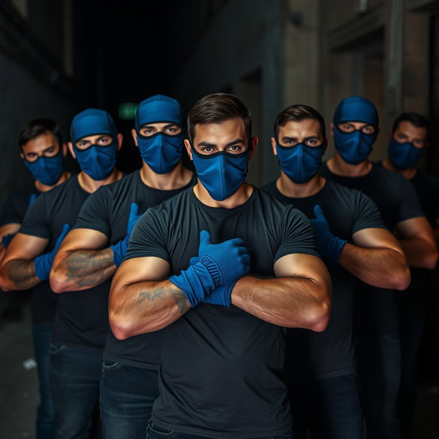 Un grupo de ladrones masculinos, todos vistiendo camisetas ajustadas que acentúan sus físicos musculosos