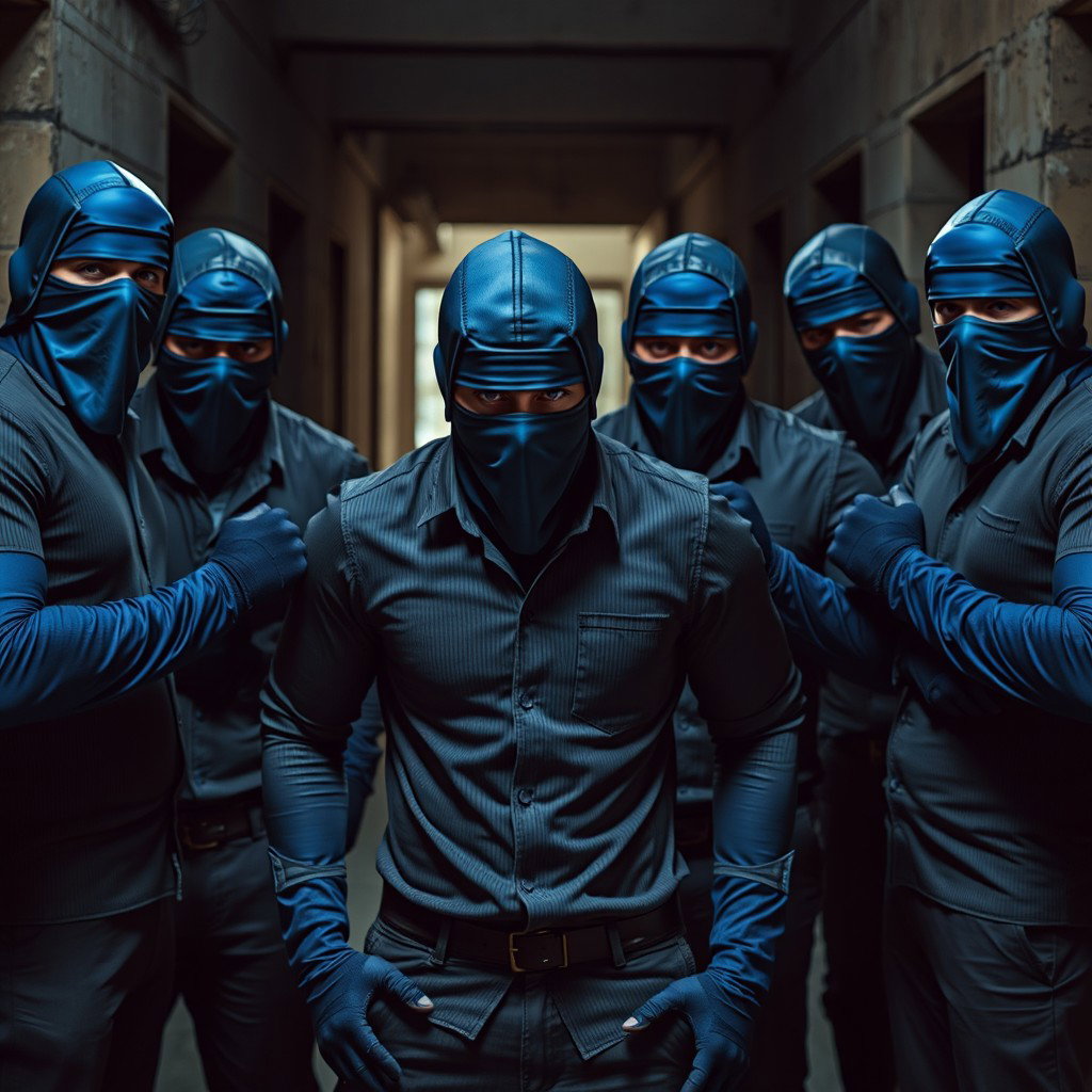 Un grupo de ladrones masculinos, todos vistiendo camisetas ajustadas que realzan sus físicos