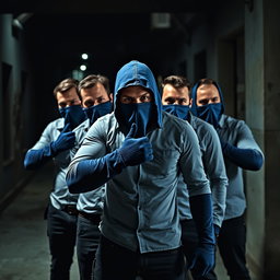 Un grupo de ladrones masculinos, todos vistiendo camisetas ajustadas que realzan sus físicos