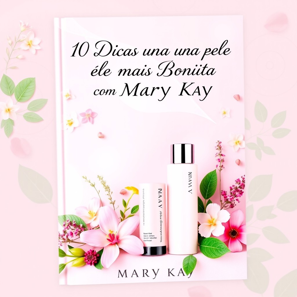 An enchanting eBook cover design featuring the title "10 Dicas para uma Pele Mais Bonita com Mary Kay" in elegant, flowing script at the top