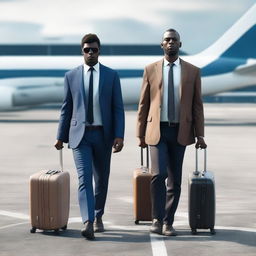 Generate a 3D, 4K, realistic image of two men walking towards an airport with their luggage, exuding an air of sadness.