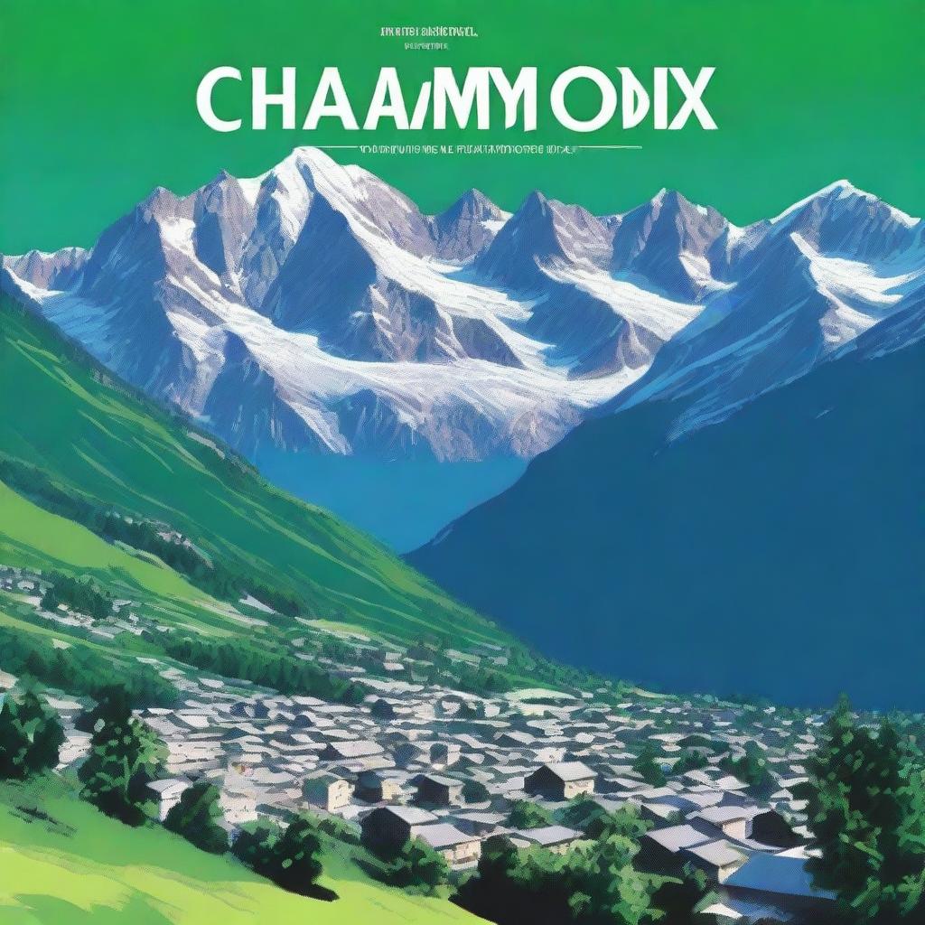 An impressively designed, high-quality digital art image depicting a travel guide to Chamonix