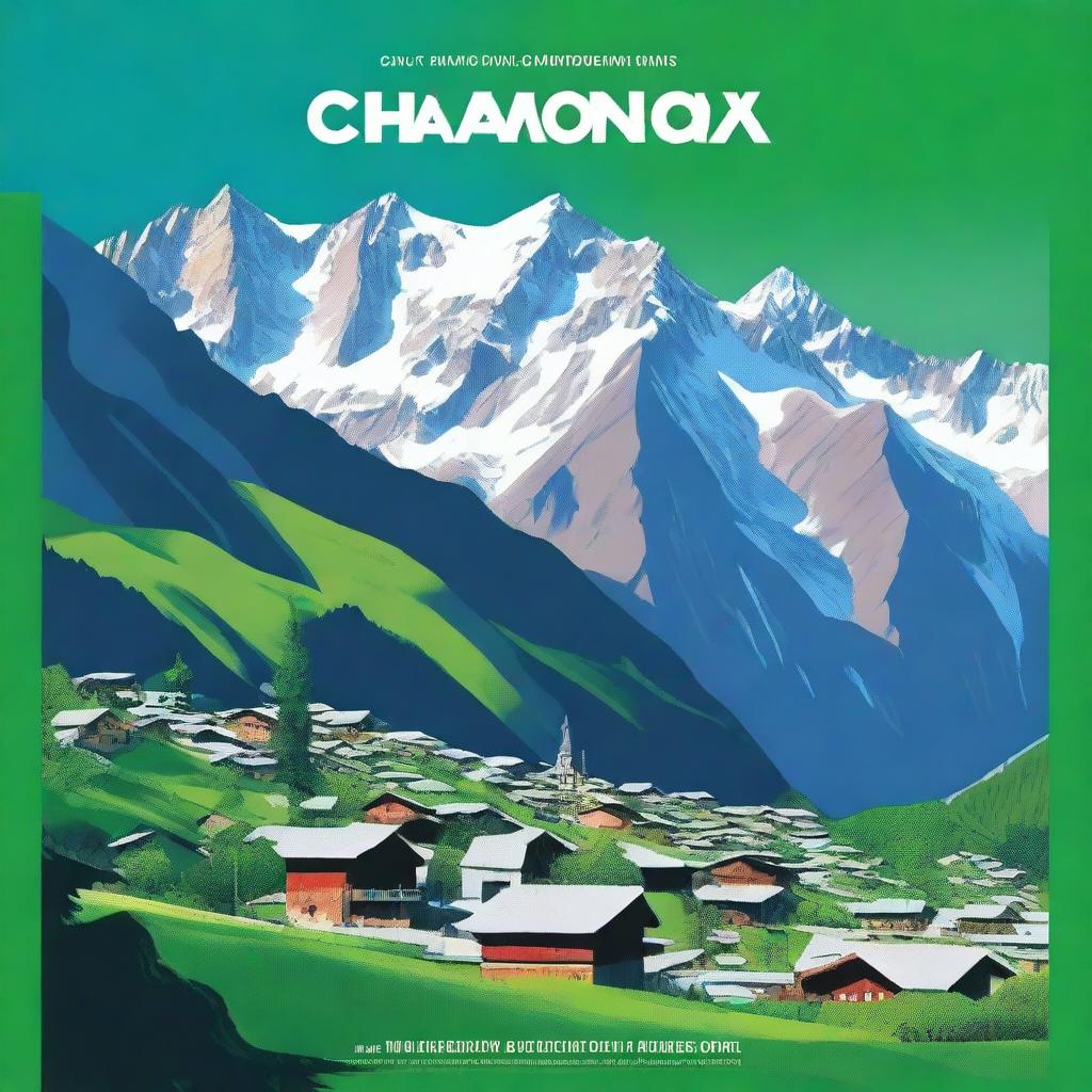 An impressively designed, high-quality digital art image depicting a travel guide to Chamonix