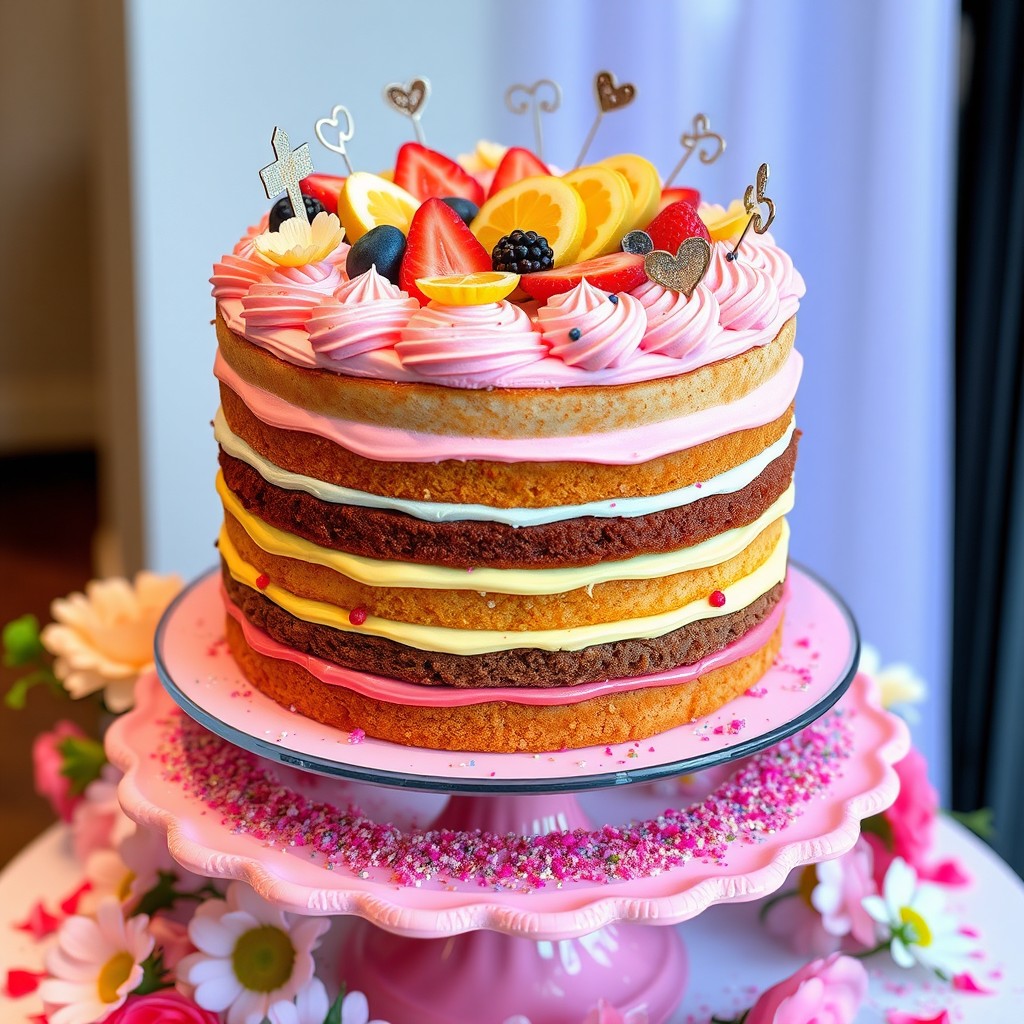 A delicious, multi-layered cake adorned with vibrant frosting and edible decorations, featuring a variety of colors